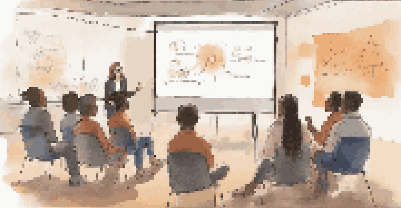 An instructor guiding a small group of learners in a collaborative discussion about a digital media campaign.