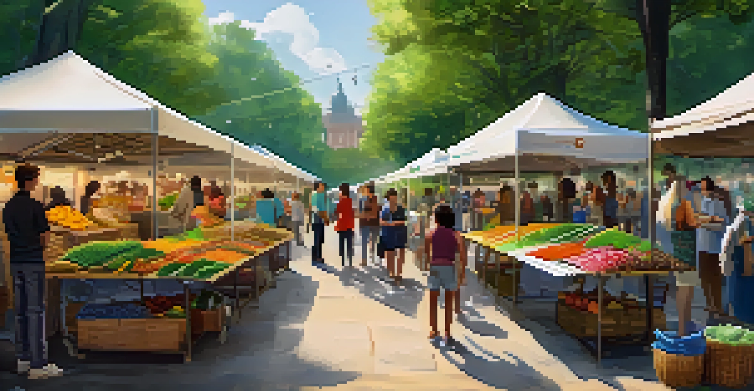 Students showcasing their innovative sustainable products at a lively outdoor market with colorful stalls and greenery.