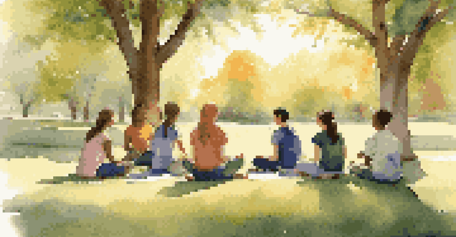 Students sitting in a circle on the grass practicing mindfulness in a peaceful outdoor setting under warm sunlight.