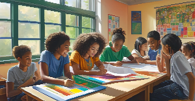 A diverse group of students working together in a bright classroom filled with educational materials in different languages.