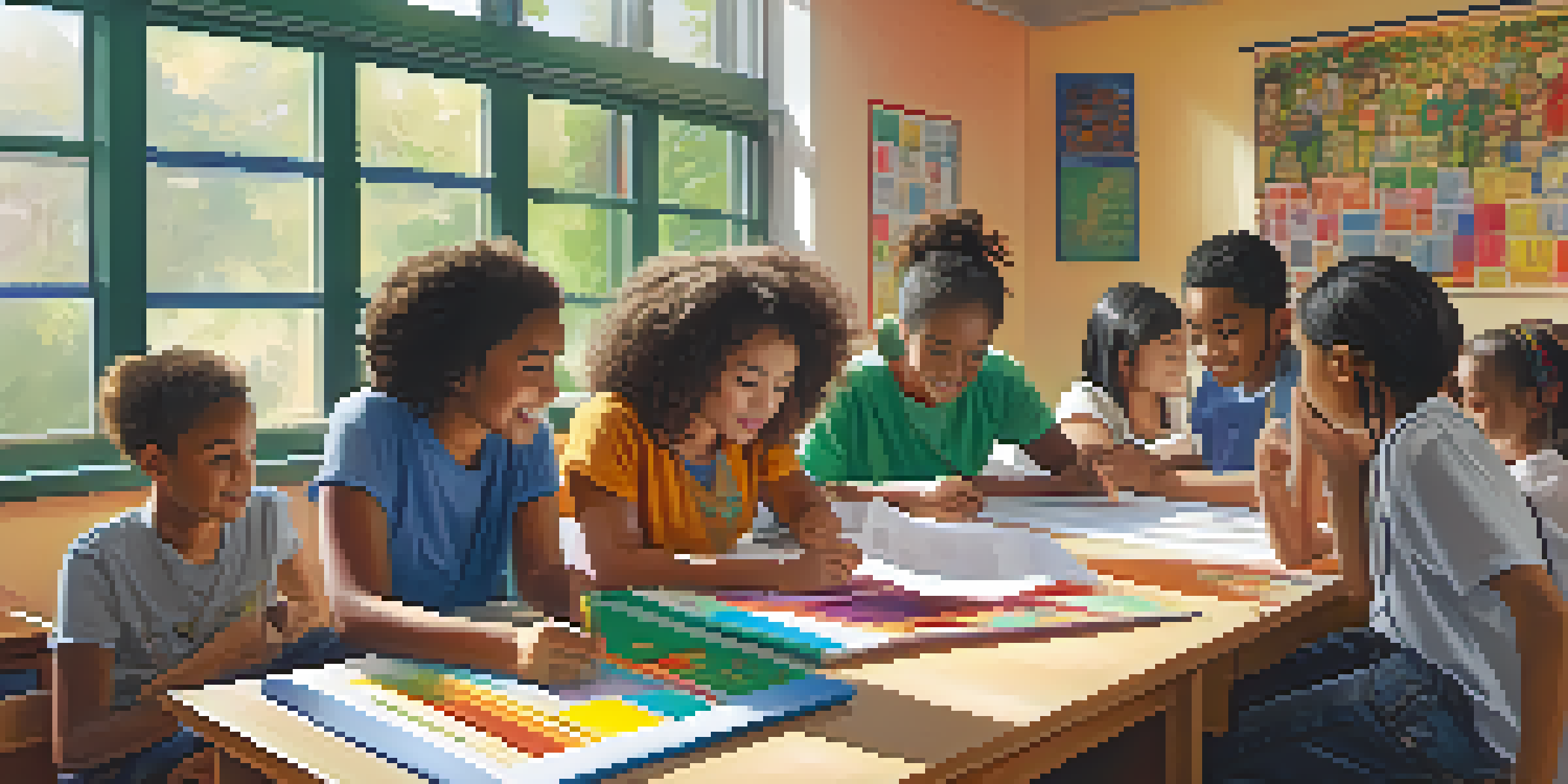 A diverse group of students working together in a bright classroom filled with educational materials in different languages.