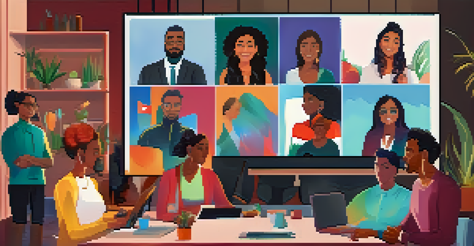 Diverse individuals participating in a video conference call, each in their own home office setting.