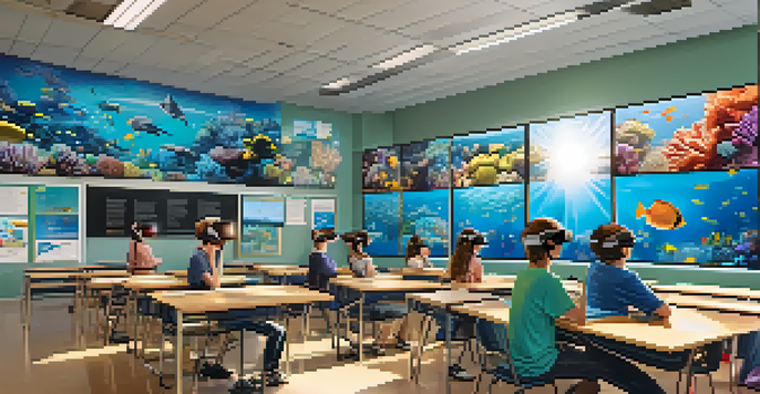 A modern classroom where students are engaged in virtual reality learning, wearing headsets and exploring marine life.