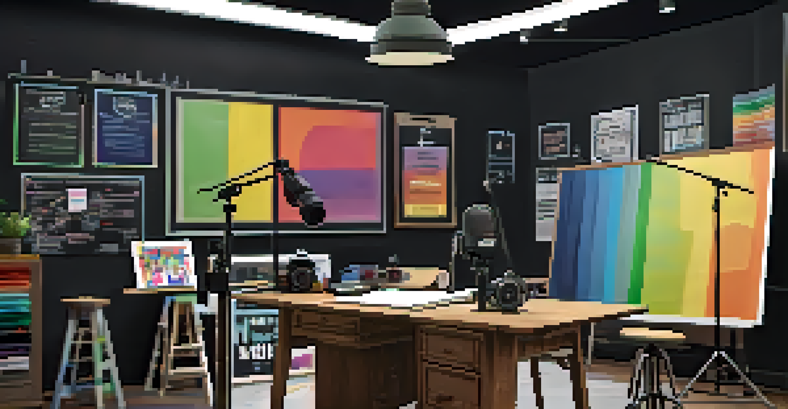 A creative content creation setup with a microphone, camera, and lighting equipment, surrounded by colorful posters and a chalkboard.