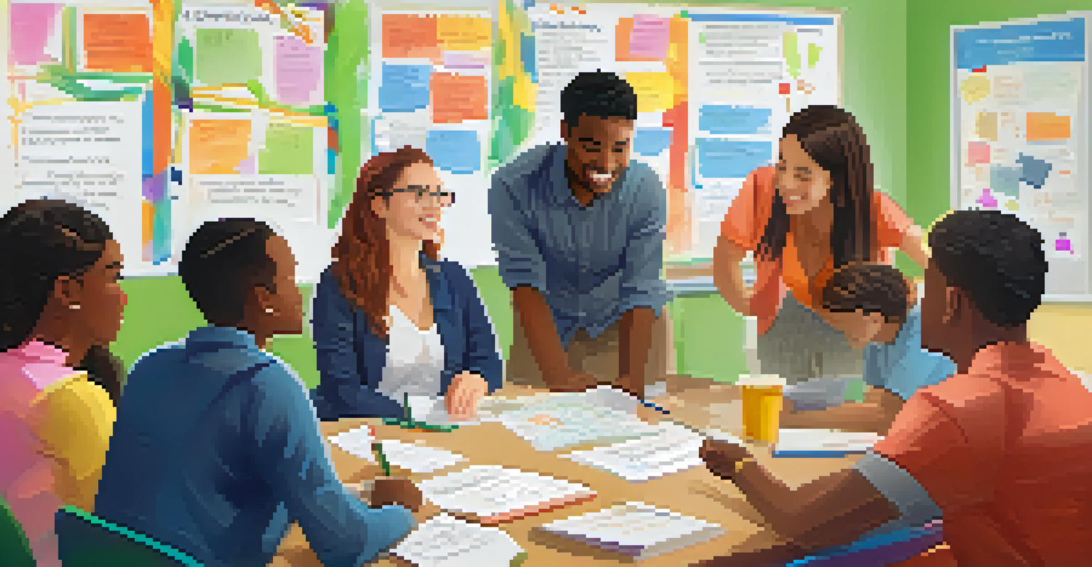 Teachers from various subjects collaborating in a bright classroom, brainstorming and sharing ideas on a whiteboard.