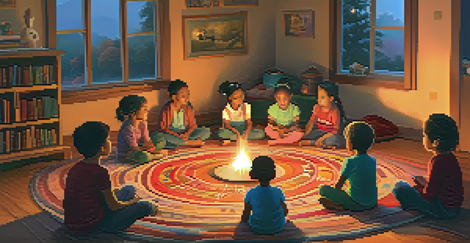 A cozy living room with children sitting in a circle around an elder who is telling a story, with colorful cushions and bookshelves in the background.