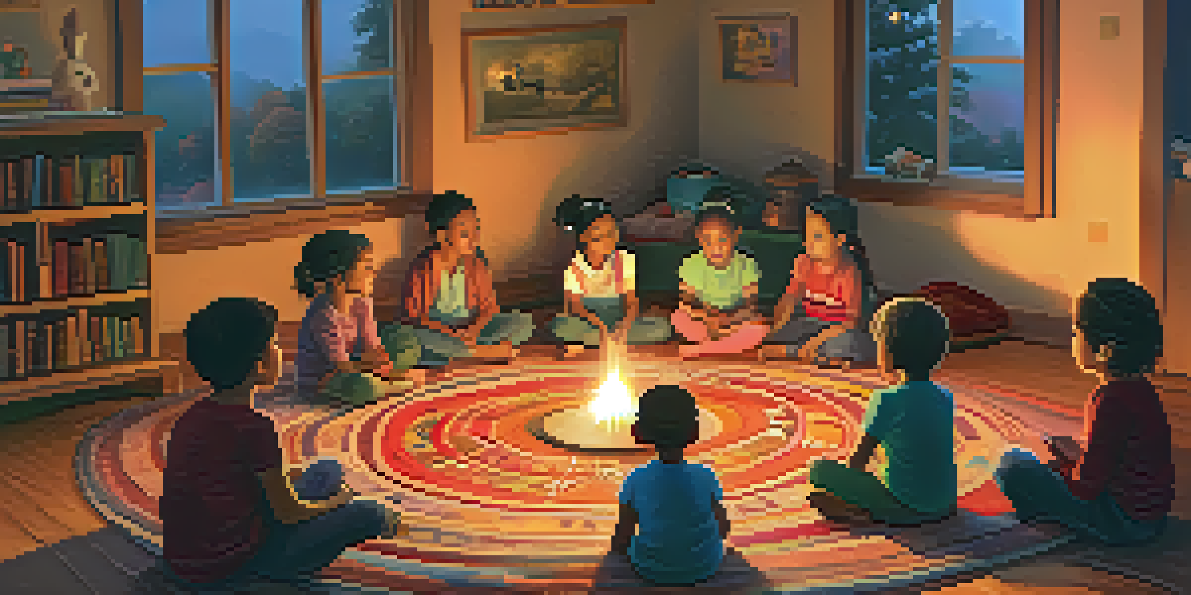 A cozy living room with children sitting in a circle around an elder who is telling a story, with colorful cushions and bookshelves in the background.