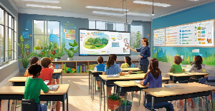 A bright classroom with students using tablets and a teacher at a digital whiteboard, showcasing a tech-enhanced learning environment.