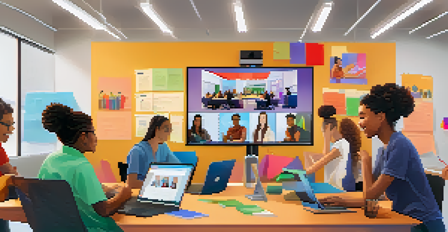 A lively virtual classroom with diverse students collaborating on a project, featuring a video conference screen and colorful sticky notes.