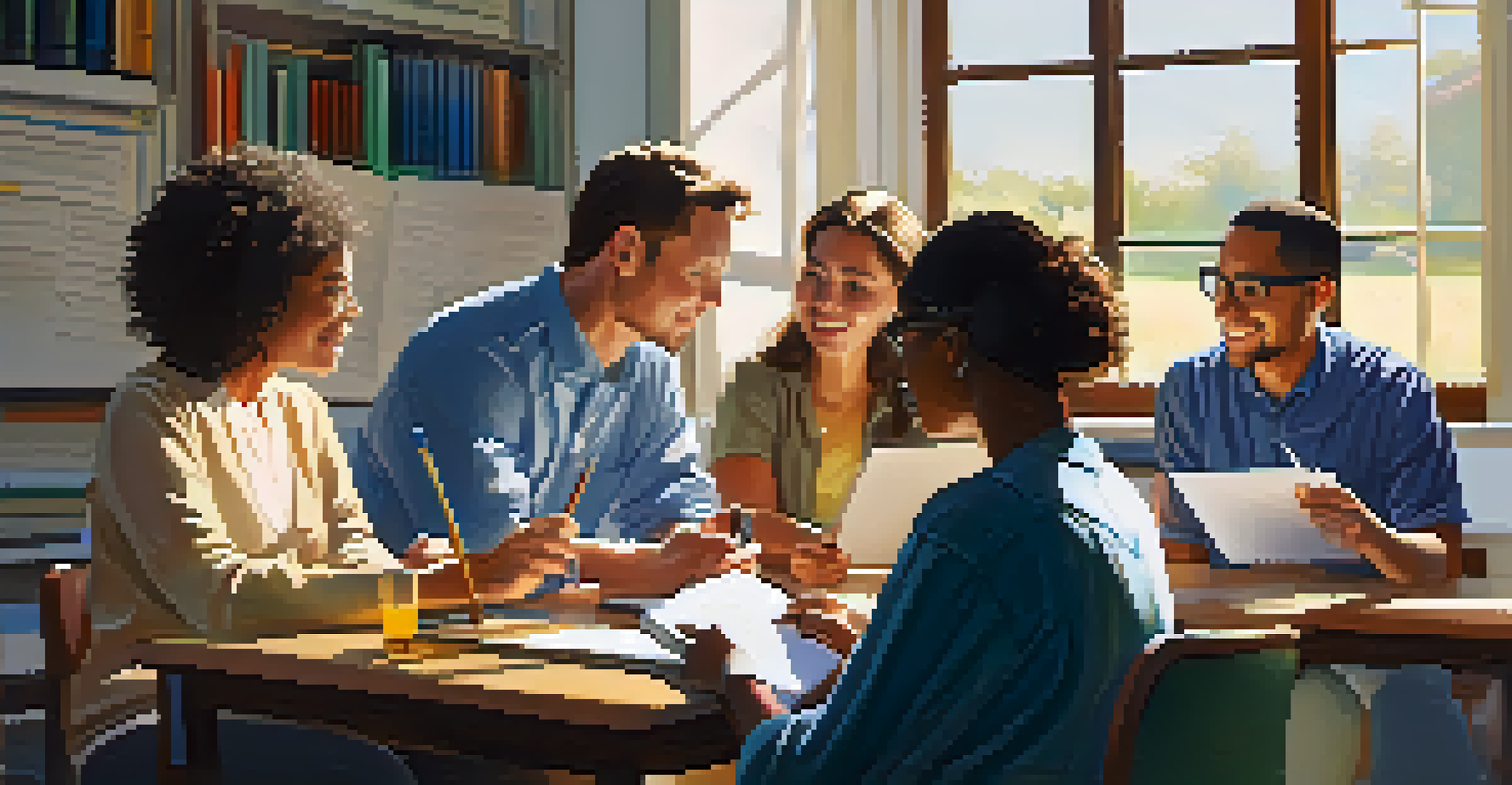 A group of educators sitting around a table, discussing teaching strategies with notebooks and pens, in a bright and sunny environment.