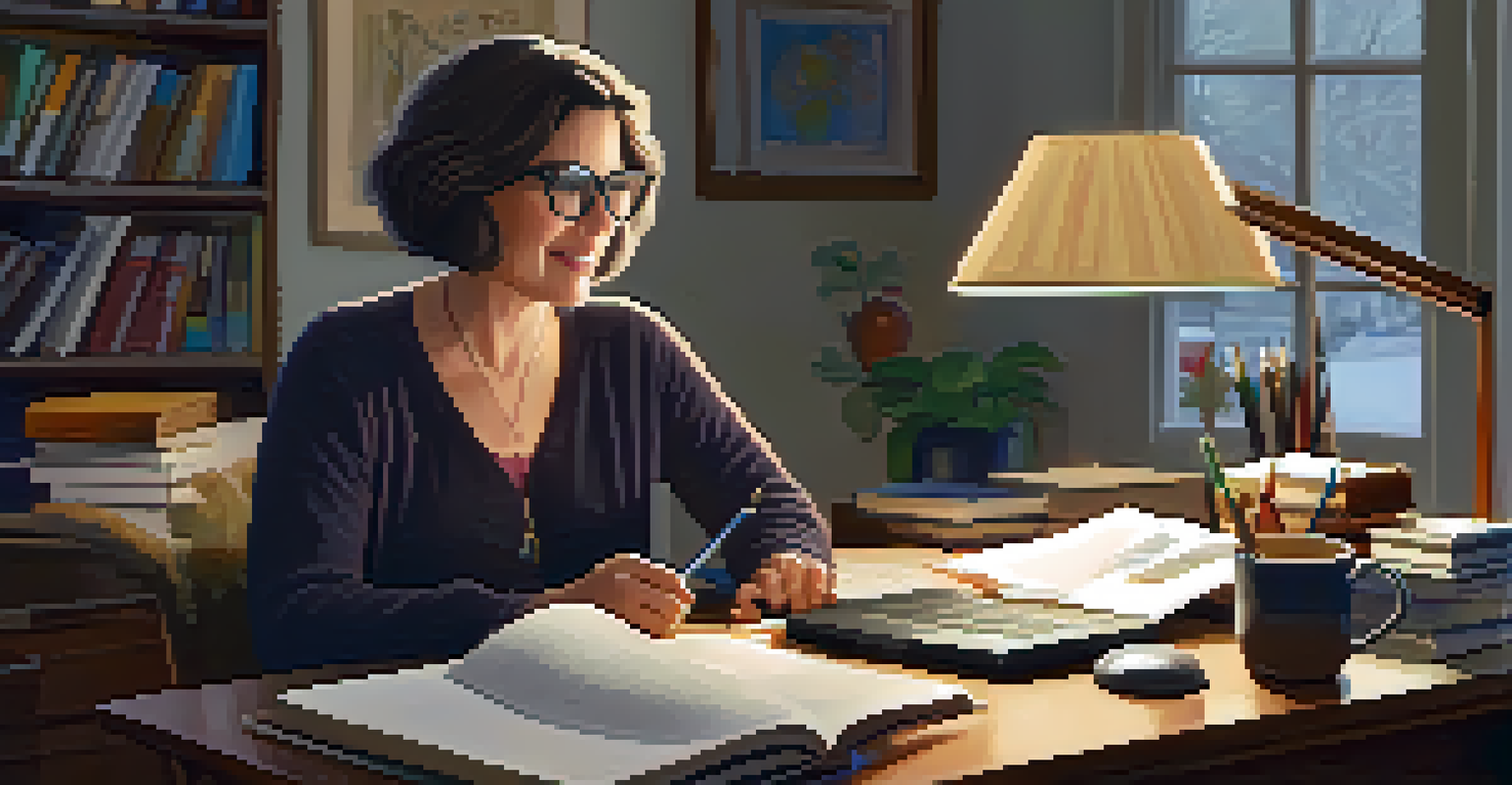 A middle-aged woman in a home office setting attending an online professional development webinar, focused on her laptop with notes around her.