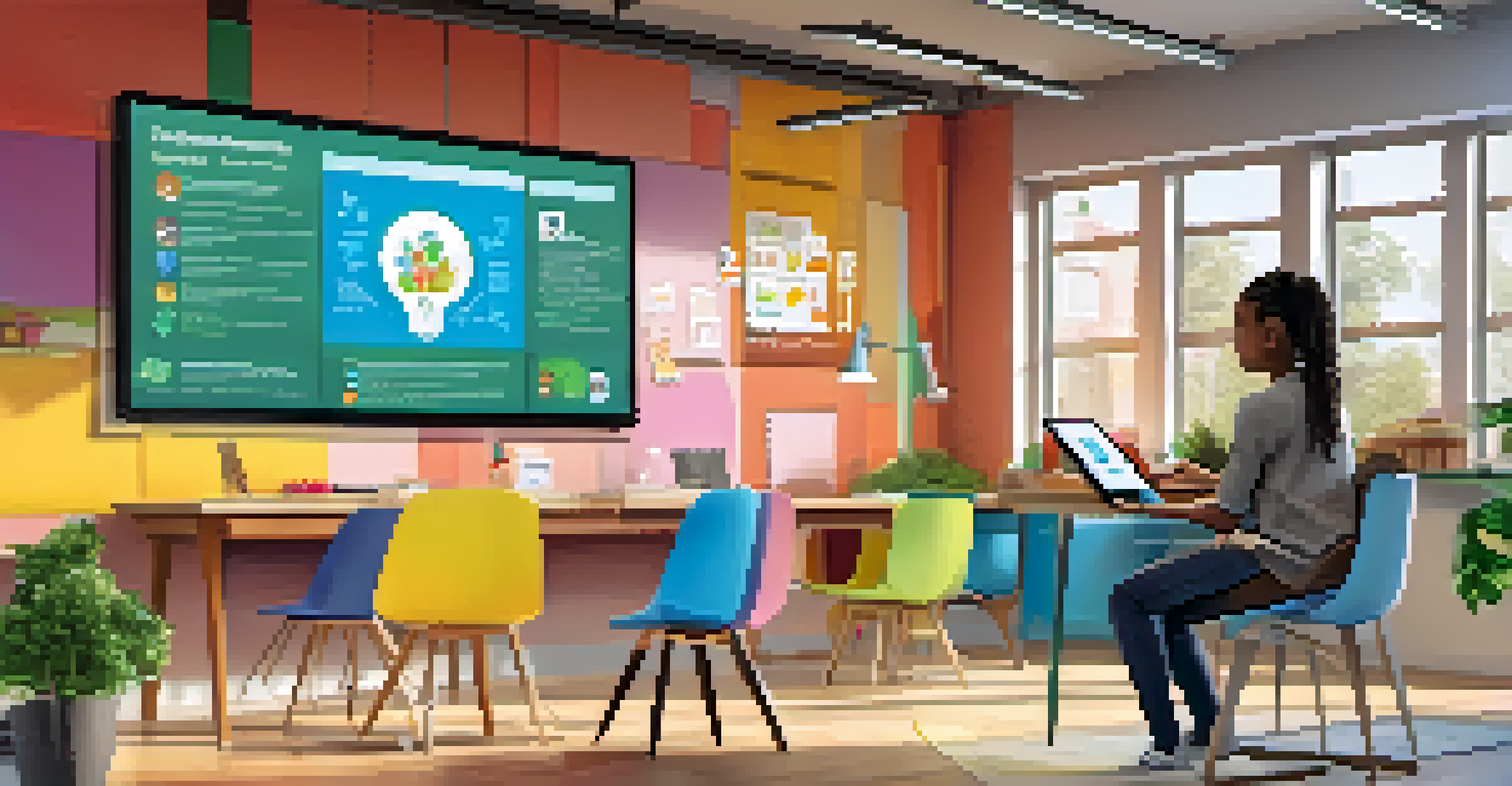 A student using a tablet in a modern study space, exploring personalized learning apps with vibrant graphics and interactive content.