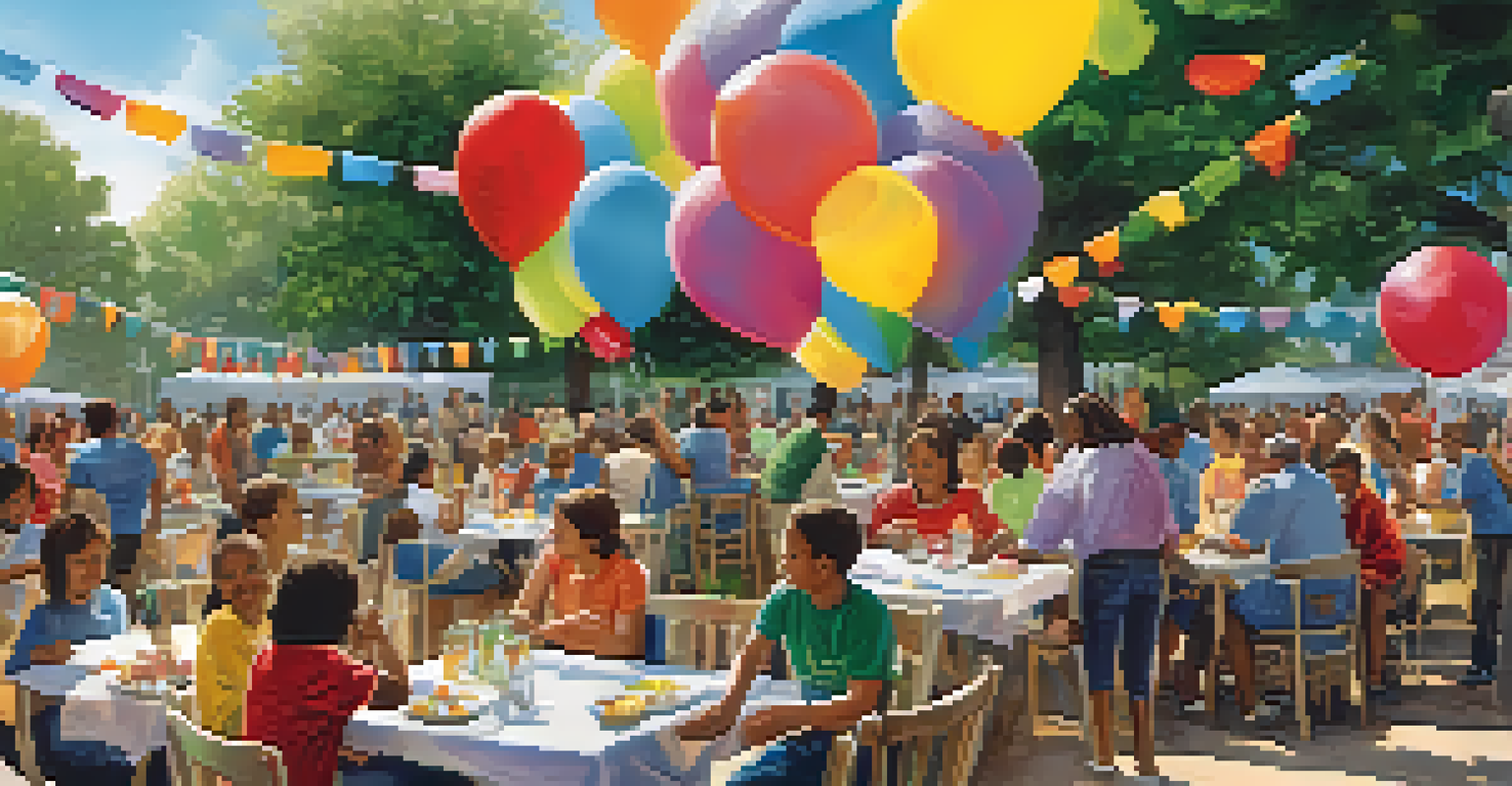 A community celebration event with people enjoying refreshments and discussing local initiative achievements, decorated with banners and balloons.