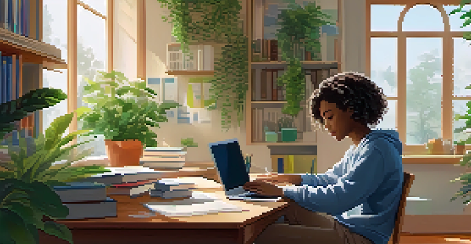 A student in a peaceful study space, engaged with a laptop and surrounded by books, illuminated by natural light.