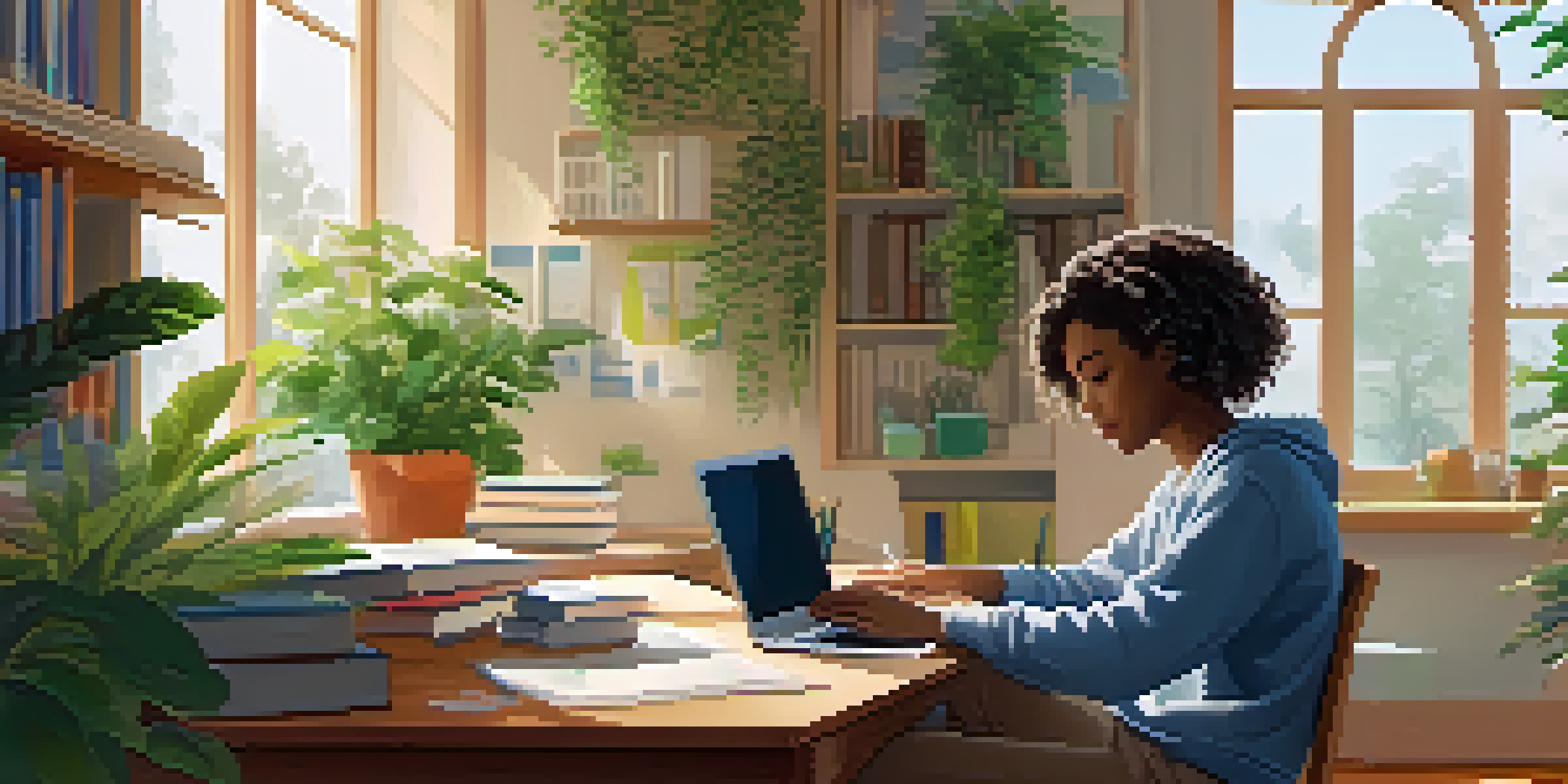 A student in a peaceful study space, engaged with a laptop and surrounded by books, illuminated by natural light.