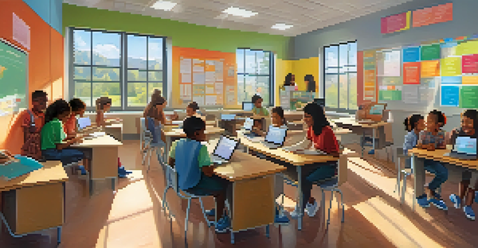 A lively classroom with diverse students collaborating on STEM projects using digital devices, sunlight streaming through the windows.