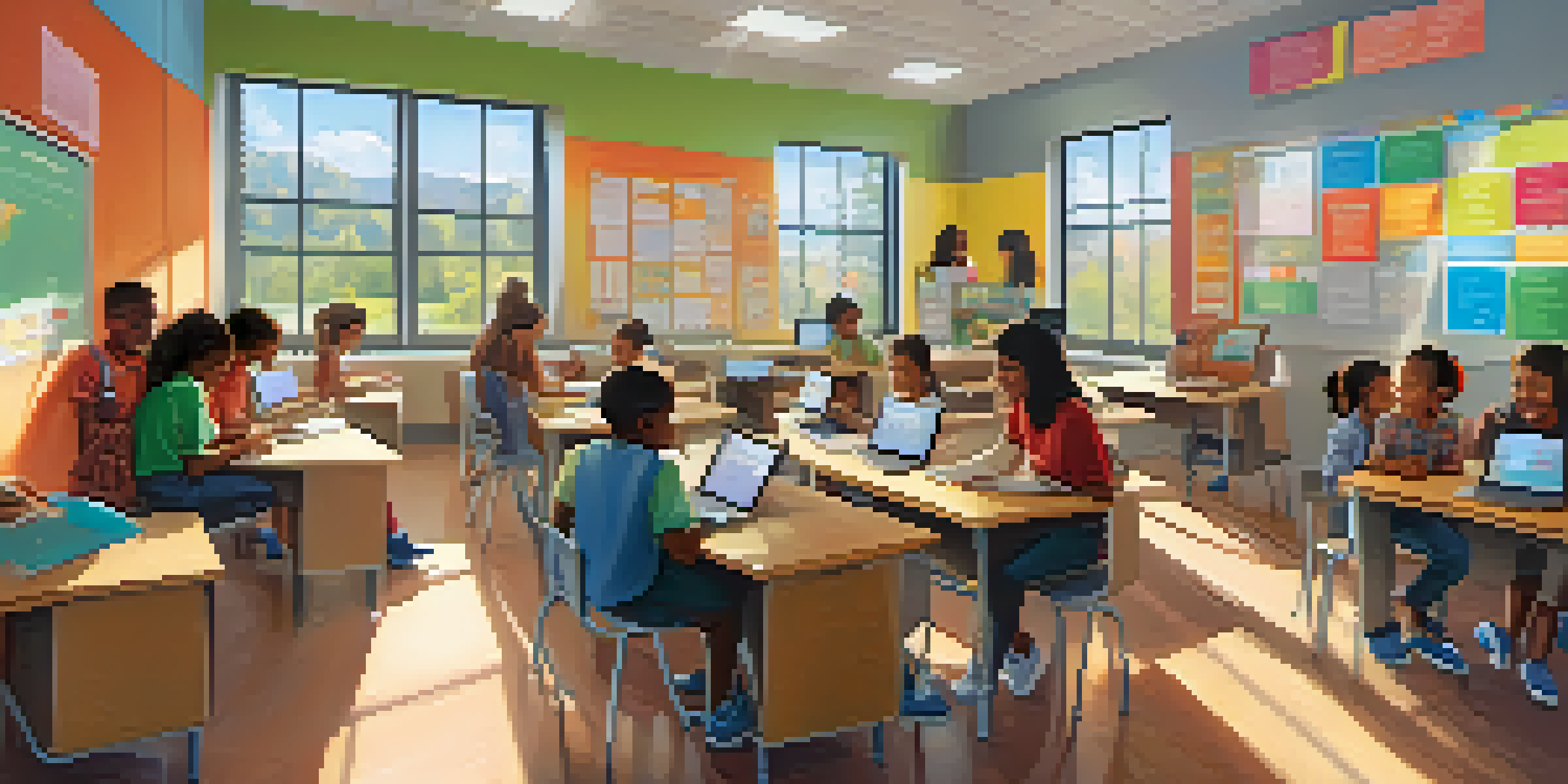 A lively classroom with diverse students collaborating on STEM projects using digital devices, sunlight streaming through the windows.