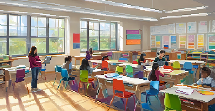 A modern classroom with students actively participating in personalized learning, surrounded by educational materials and natural light.