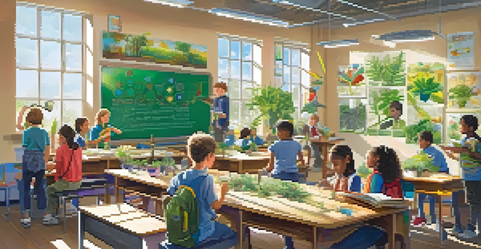 A lively classroom with students of different backgrounds working together on science experiments, surrounded by educational posters.