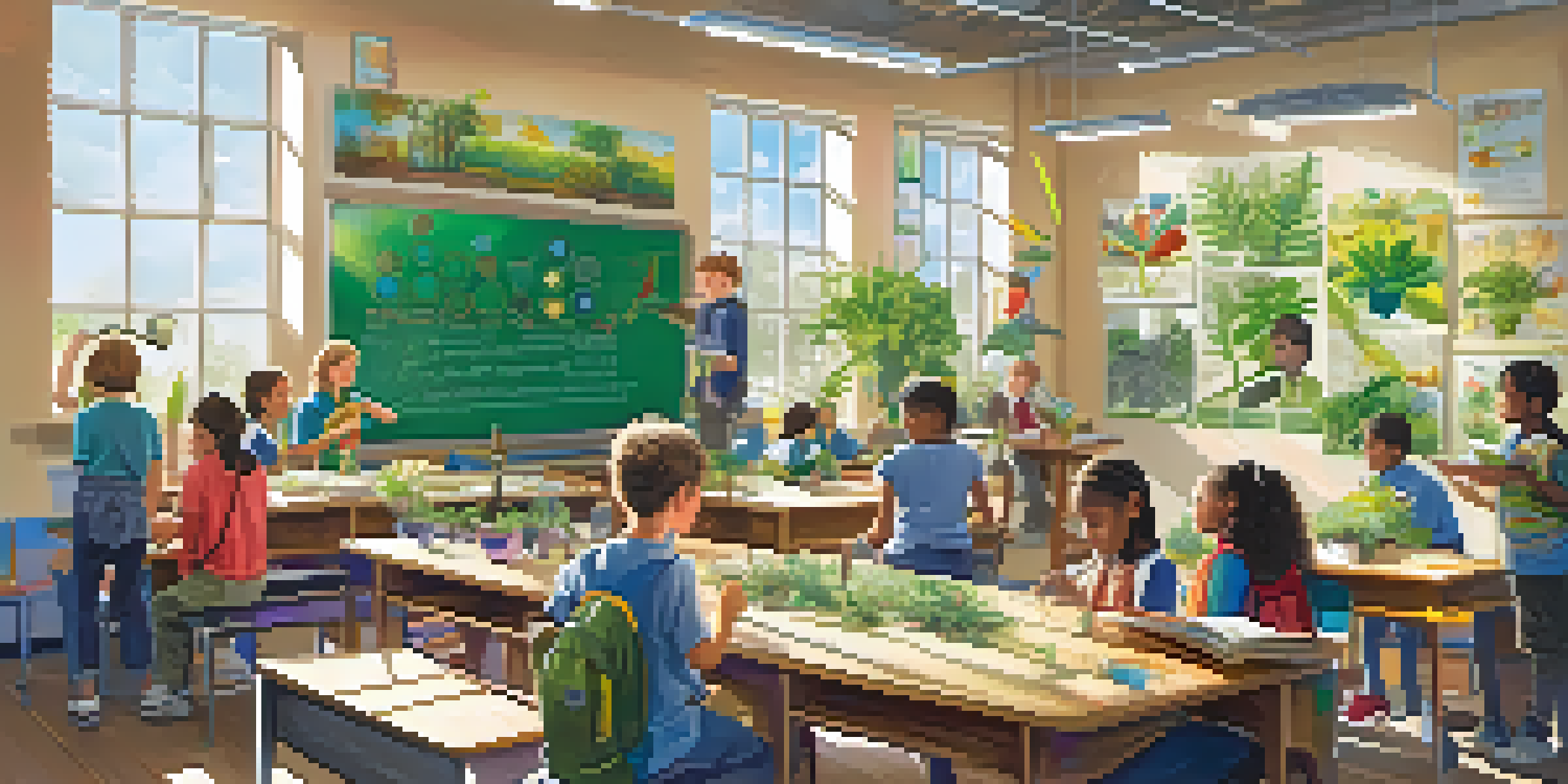 A lively classroom with students of different backgrounds working together on science experiments, surrounded by educational posters.