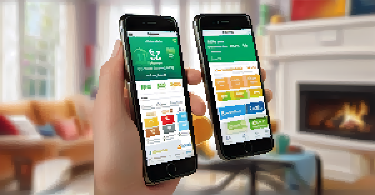 A smartphone displaying a financial education app with vibrant graphics and interactive features, held by a hand in a cozy living room setting.