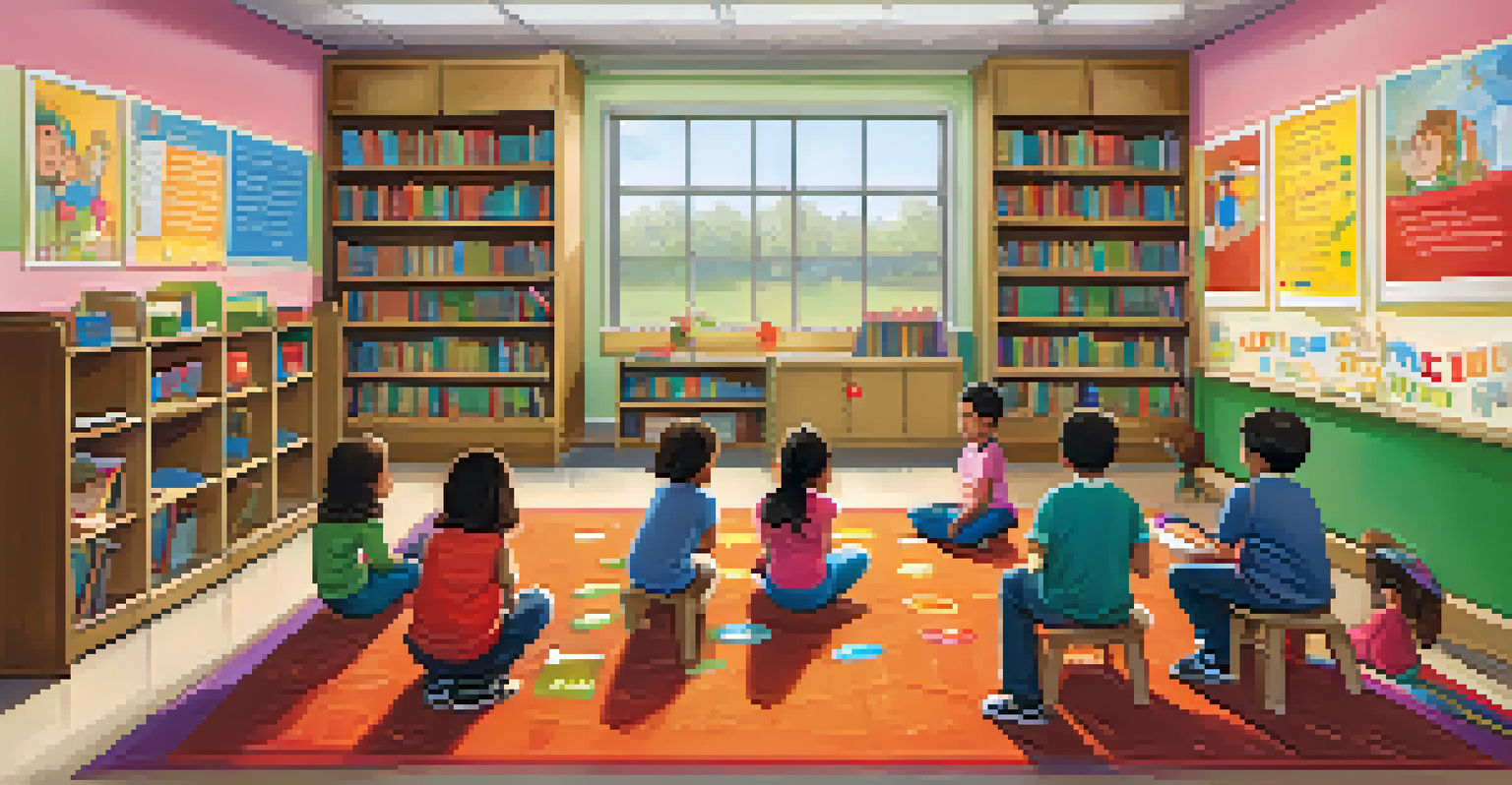 A teacher engaging young students in a reading activity in a colorful classroom filled with books.