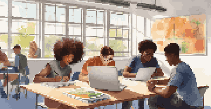 A diverse group of students working together on a project in a bright classroom, surrounded by educational materials and technology.