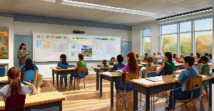 A lively classroom with students participating in a video conference, an instructor engaging with them, and educational posters on the walls.