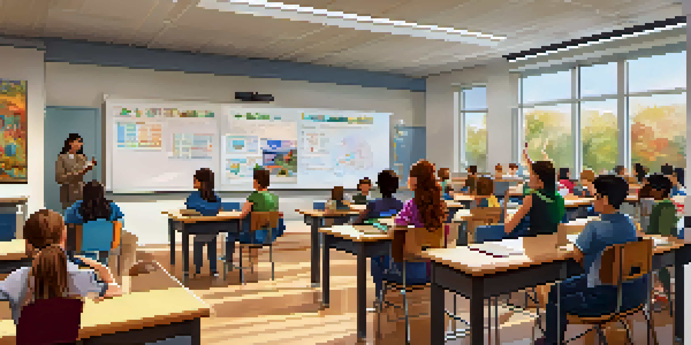 A lively classroom with students participating in a video conference, an instructor engaging with them, and educational posters on the walls.