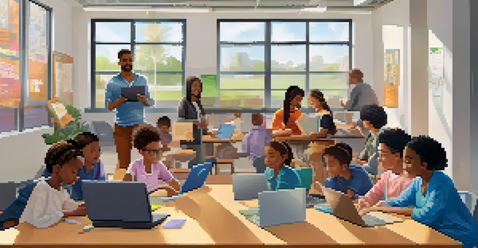 A community center filled with diverse individuals participating in a digital literacy workshop, with laptops and an instructor demonstrating technology use.