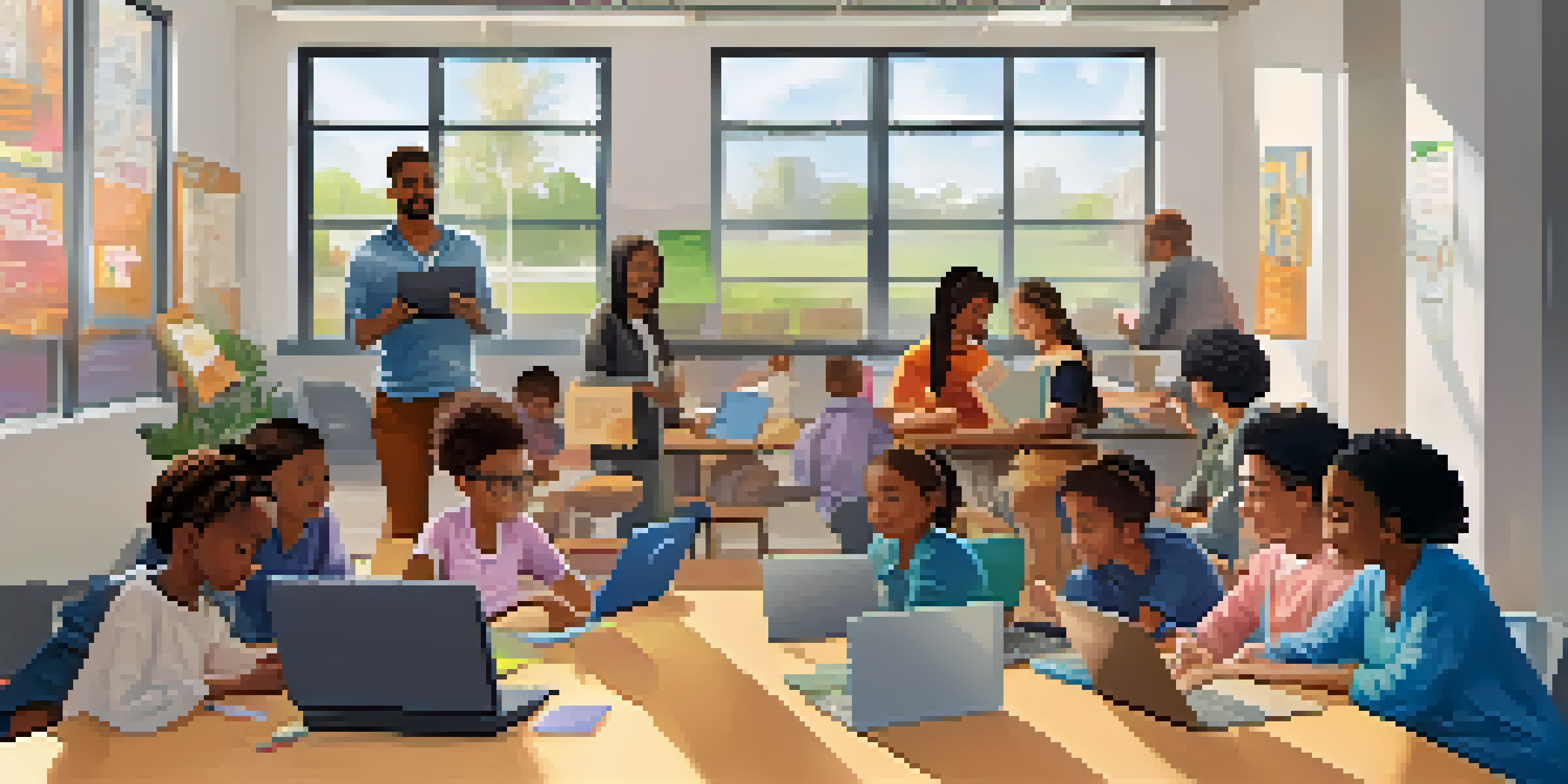 A community center filled with diverse individuals participating in a digital literacy workshop, with laptops and an instructor demonstrating technology use.