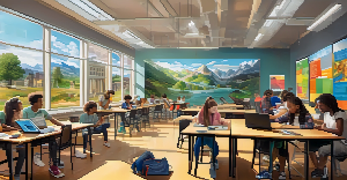 A vibrant classroom where students are actively participating in various learning activities, including using technology and collaborating on projects.