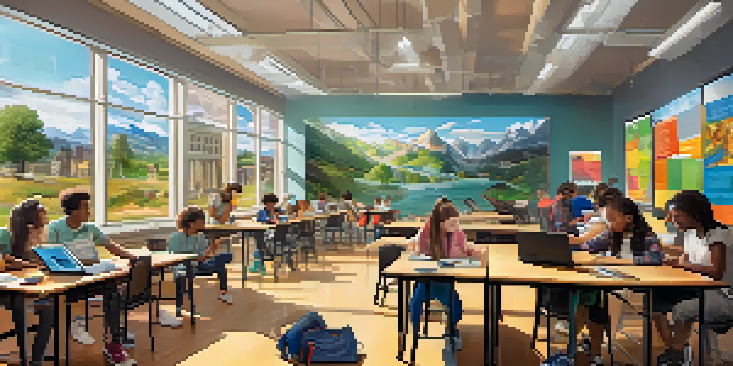 A vibrant classroom where students are actively participating in various learning activities, including using technology and collaborating on projects.