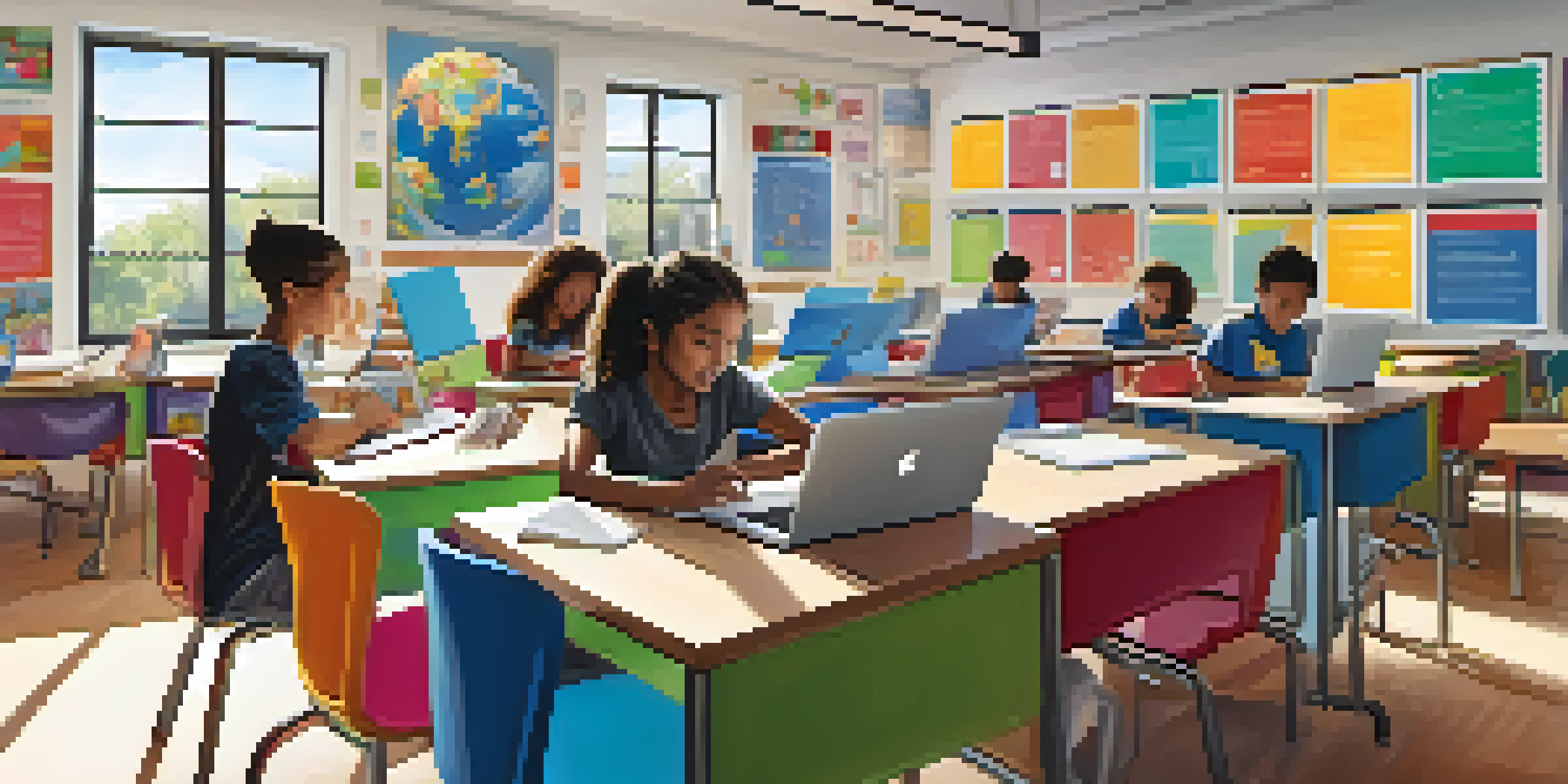 A diverse group of students in a bright classroom, using laptops and tablets for learning, with colorful posters on the walls.