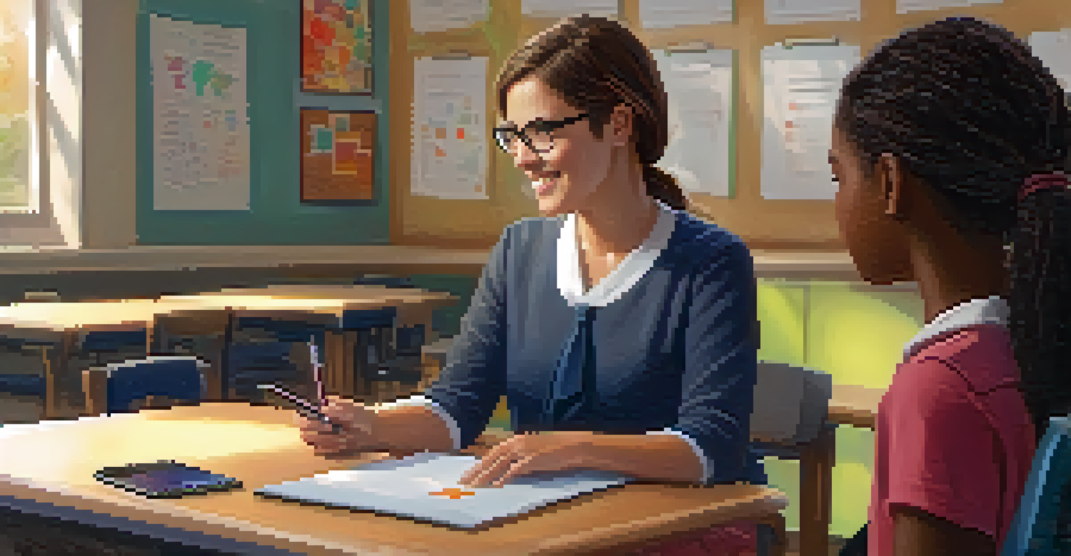 A teacher giving personalized feedback to a student on their tablet, showcasing a supportive learning atmosphere.