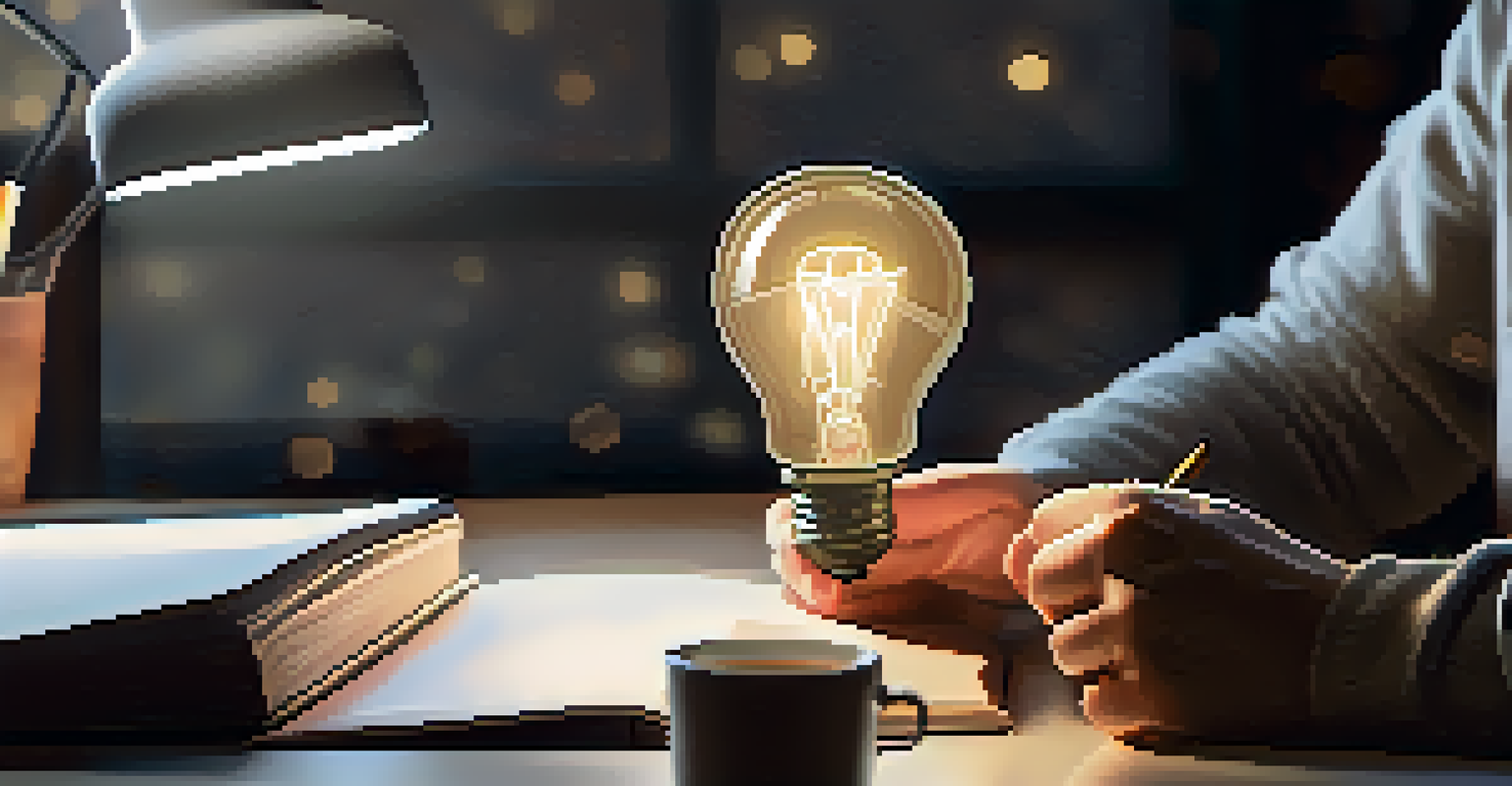 Hands holding a light bulb against a blurred background of a desk with a laptop and notebooks.