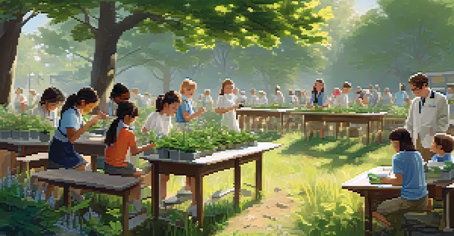 Students conducting a science experiment outdoors, interacting with nature under a sunny sky.