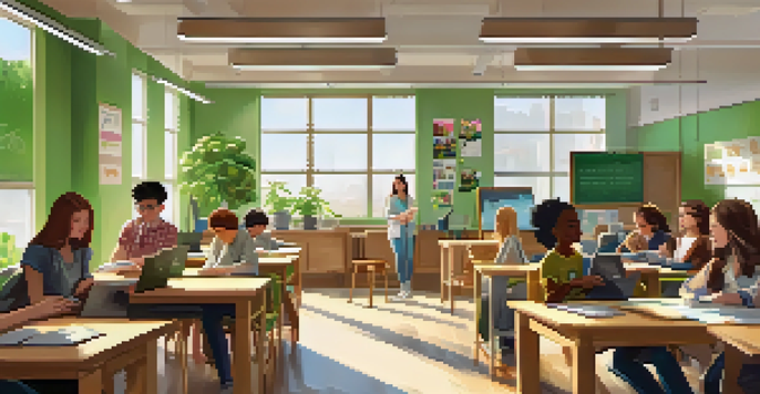 A classroom with students engaged in discussions and using laptops, illuminated by natural light.