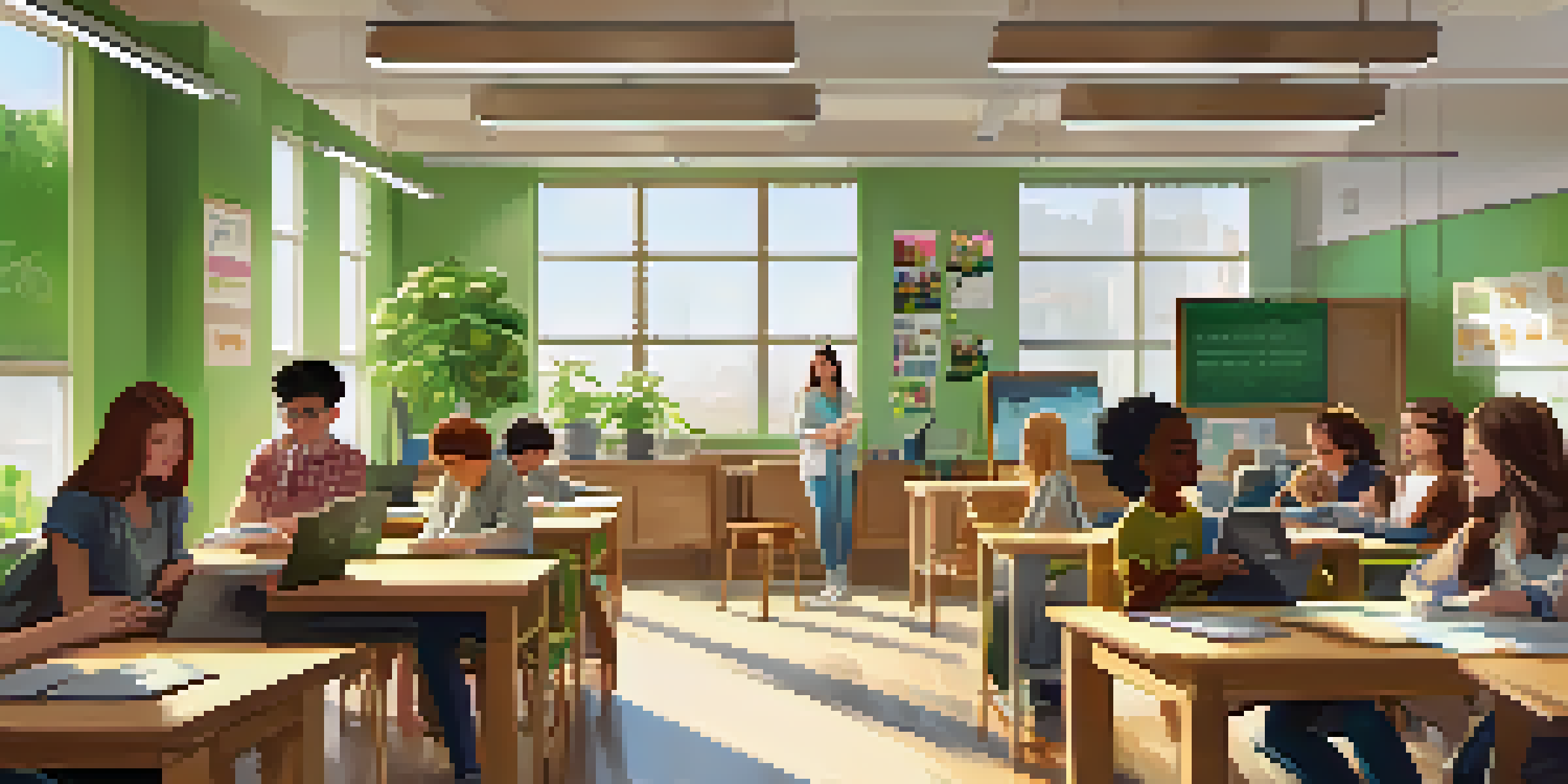 A classroom with students engaged in discussions and using laptops, illuminated by natural light.