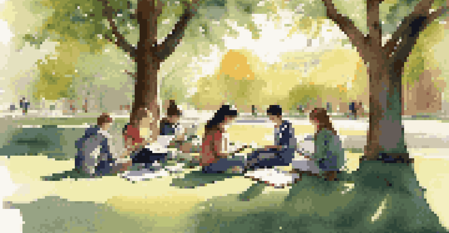 Students working together in an outdoor setting, using mobile devices for studying while enjoying nature.