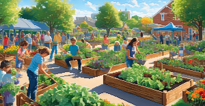 A lively community garden with diverse people planting flowers and vegetables under a blue sky.