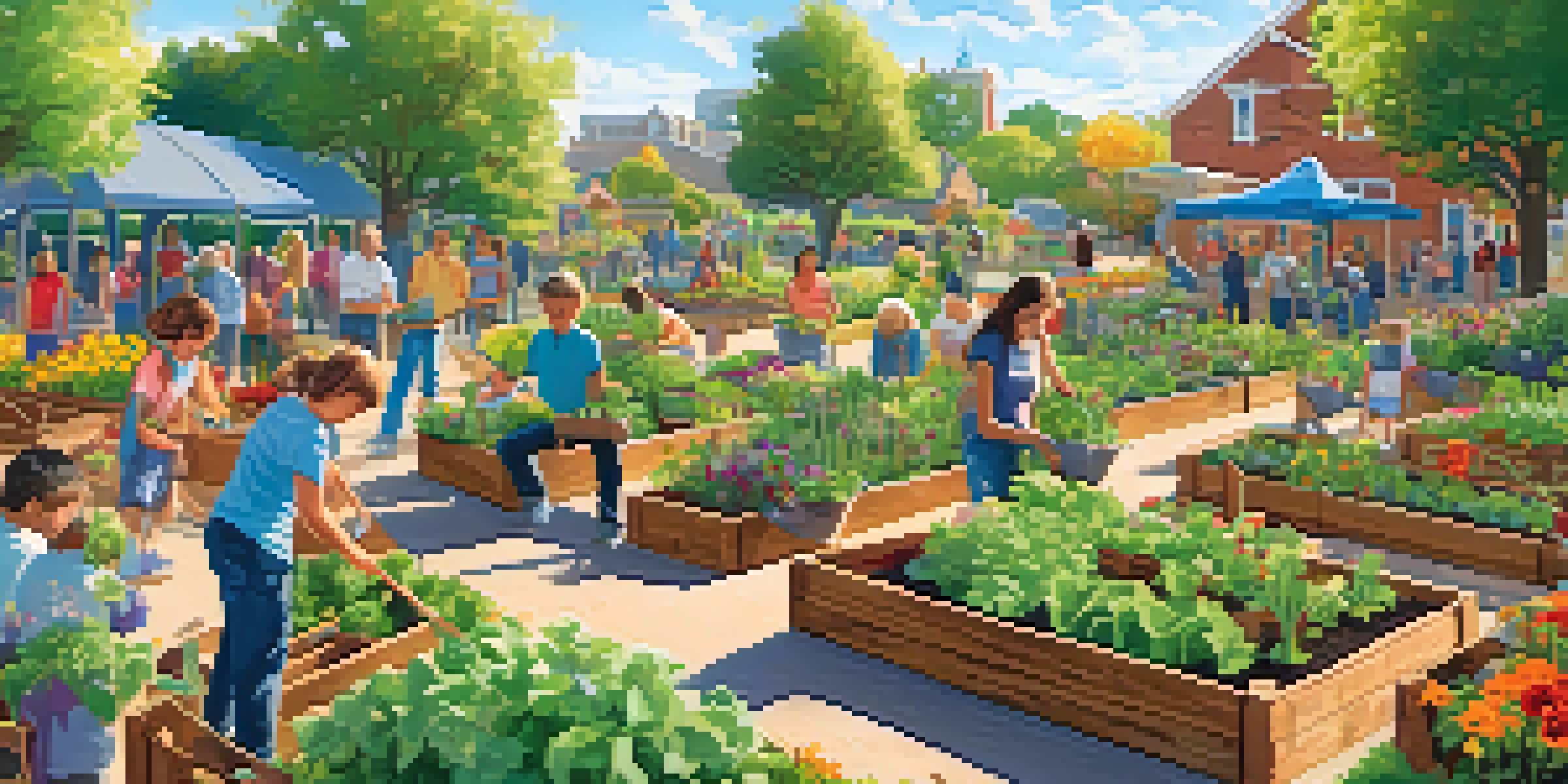 A lively community garden with diverse people planting flowers and vegetables under a blue sky.