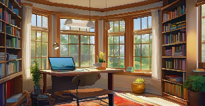 A warm and inviting home study space featuring a wooden desk with a laptop, a bookshelf, and a sunny window.