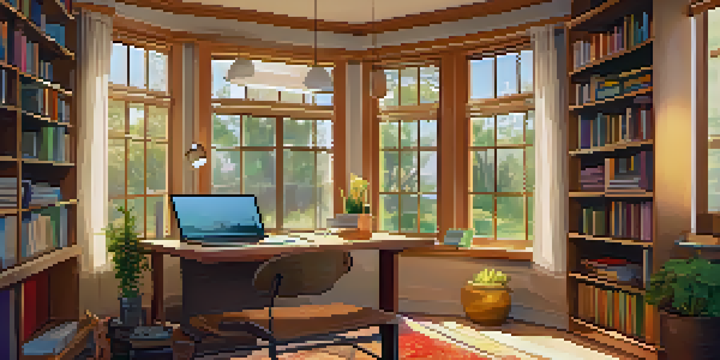 A warm and inviting home study space featuring a wooden desk with a laptop, a bookshelf, and a sunny window.