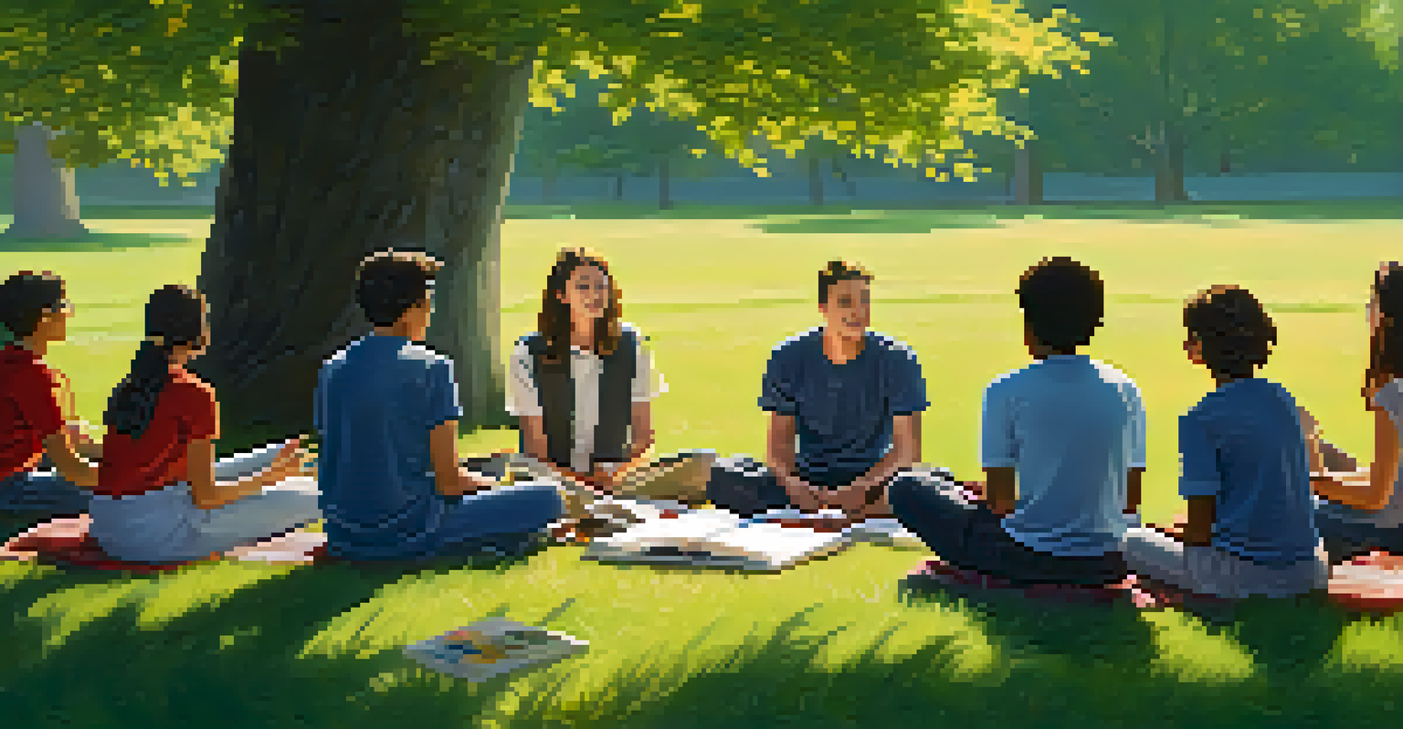 A teacher and students having a discussion in a peaceful outdoor setting surrounded by nature.