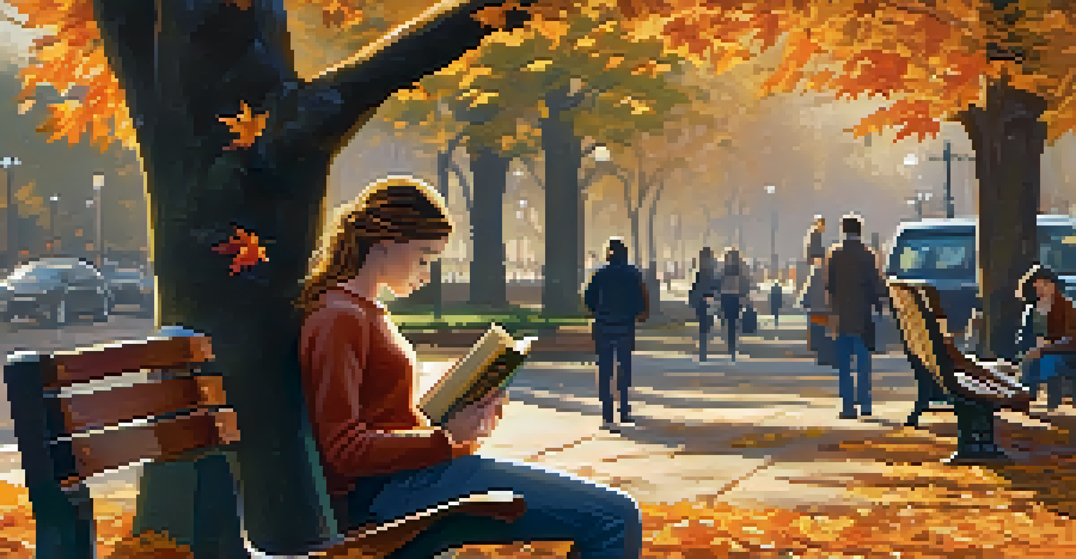 A teenager reading a historical novel on a park bench amidst autumn leaves, showing deep engagement.