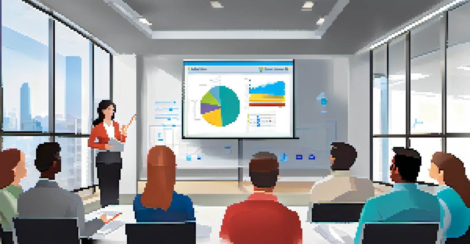 An educator sharing data-driven insights with a group of teachers in a modern conference room, featuring charts and graphs on a big screen.