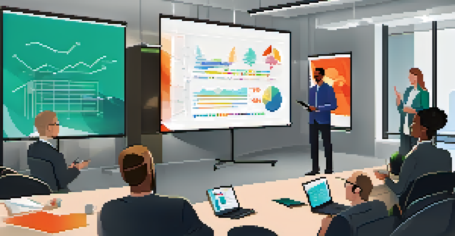 A group presentation in an office with presenters in front of a large screen and an engaged audience taking notes.