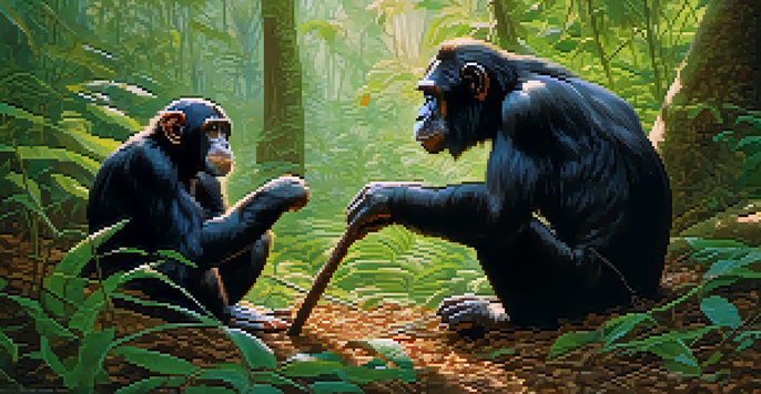 A young chimpanzee watches an older chimpanzee using a stick to extract termites in a vibrant rainforest.
