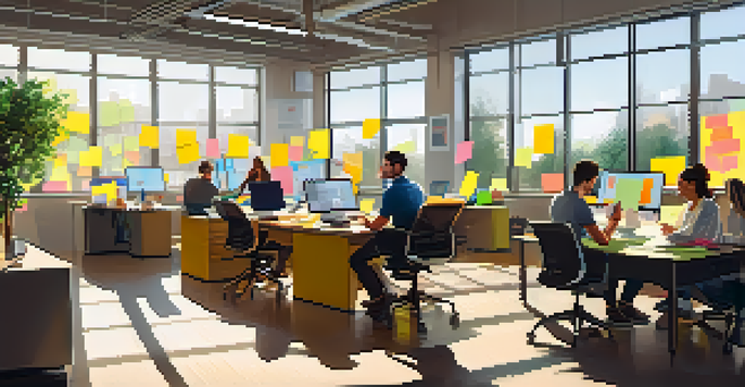 A modern office workspace with diverse team members collaborating around a table, illuminated by natural light.